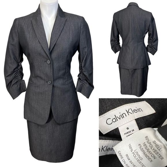 Calvin Klein Dresses & Skirts - Calvin Klein skirt suit sz 6 dark gray ruched 3/4 sleeve career office business